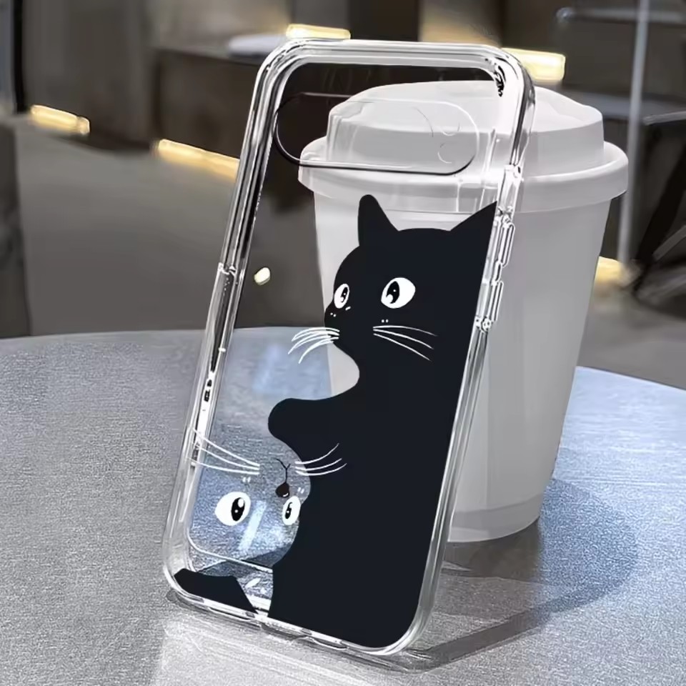 Google Pixel 8A - Casing Transparan Motif Kucing Hitam Kartun